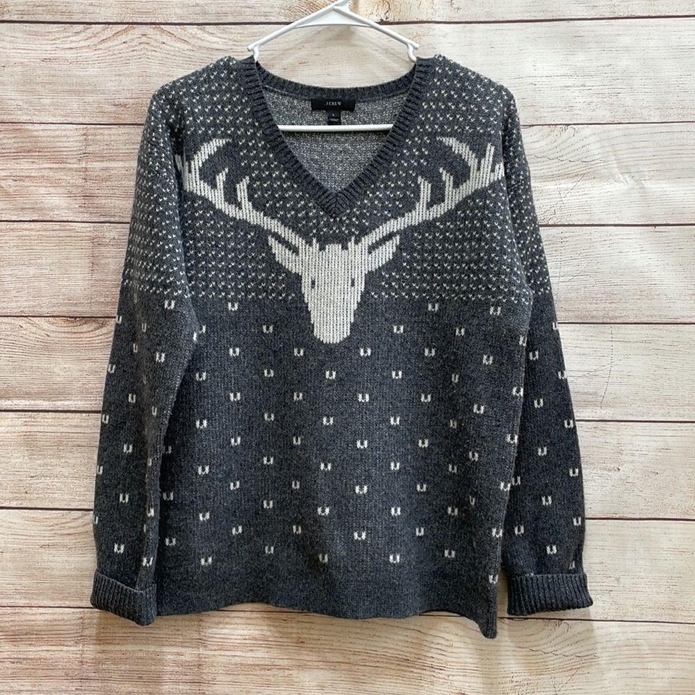 J CREW 100% WOOL REINDEER INTARSIA SWEATER‎ IN GRAY